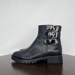 Napoleoni Boots Women 37 / 6.5 Black Leather Buckle Strap Moto Biker Combat Shoe